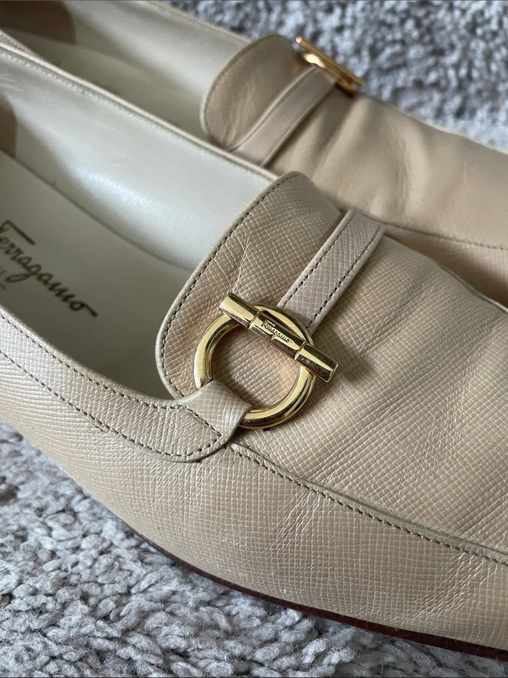 Salvatore Ferragamo Beige Leather Loafers with Gold Hardware